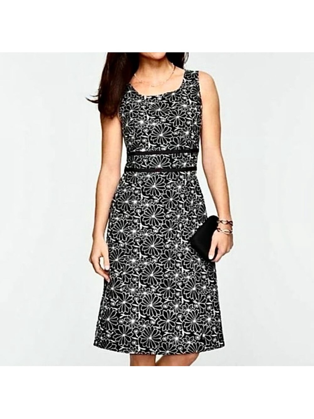 Talbots Black and White Floral Sleeveless A-Line Dress